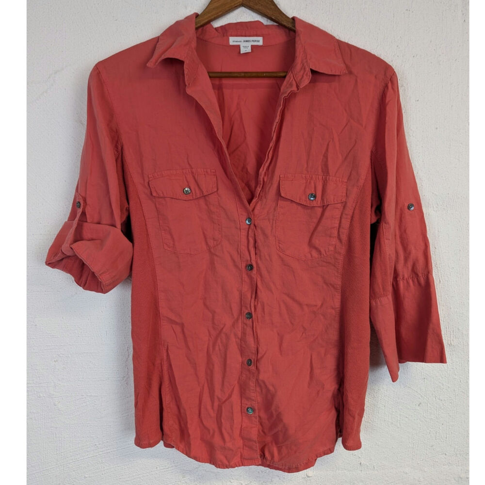James Perse Standard Button Up Shirt Roll Tab Coral Pink Lightweight Womens XL